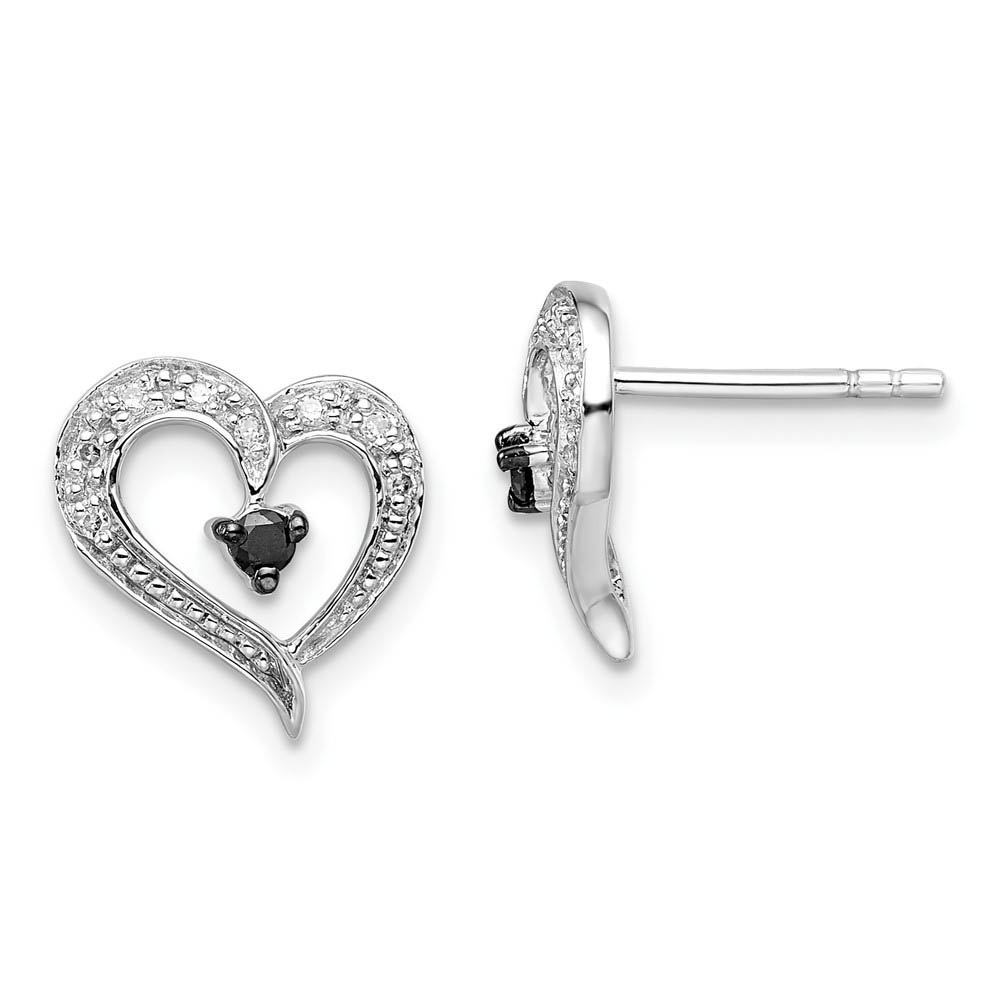 Black & White Diamond 11mm Open Heart Post Earrings in Sterling Silver