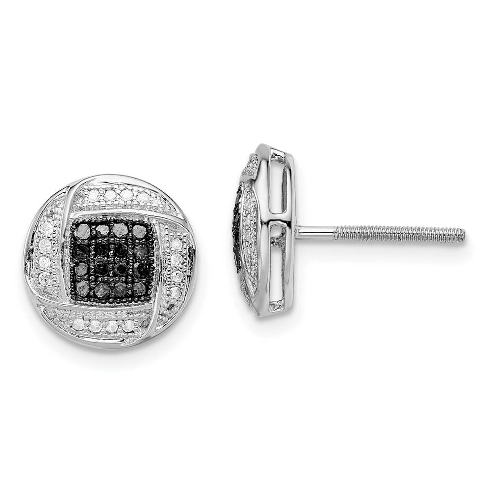 Black & White Diamond 11mm Circle Sterling Silver Screw Back Earrings