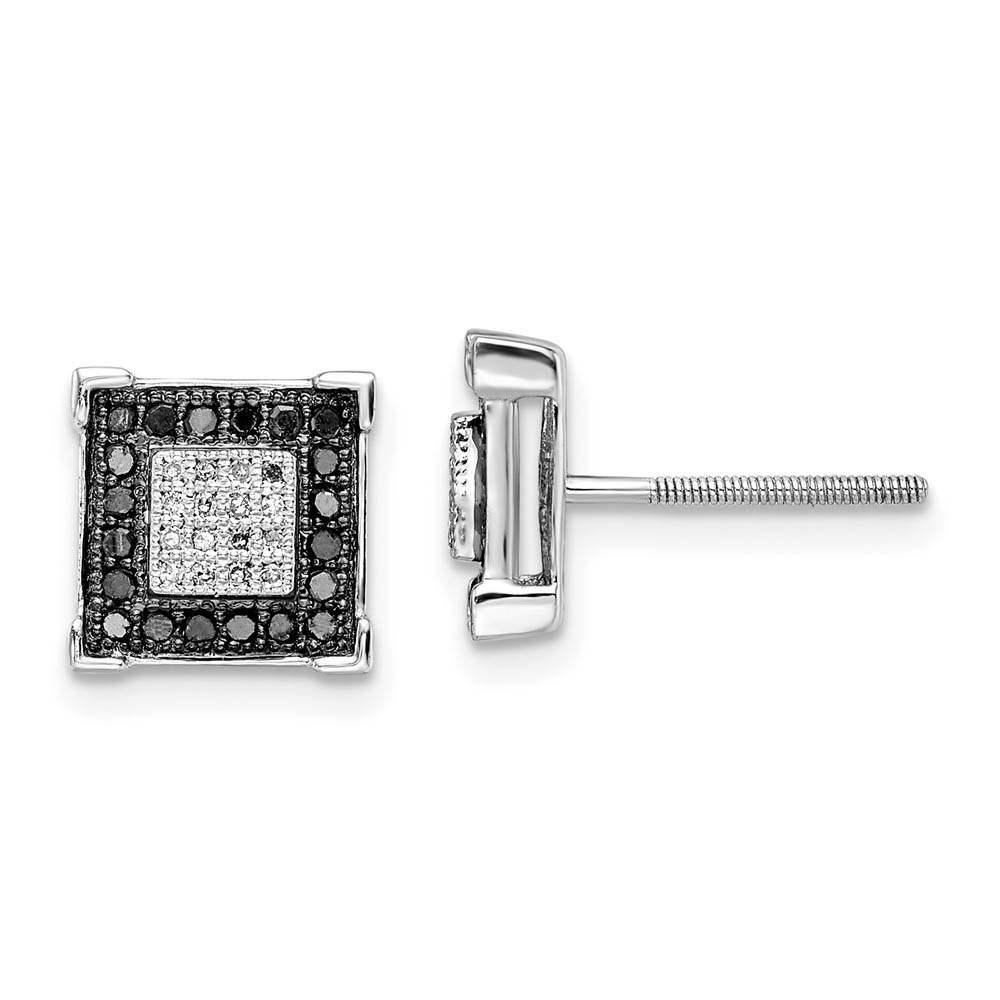 8mm Square Black & White Diamond Sterling Silver Screw Back Earrings