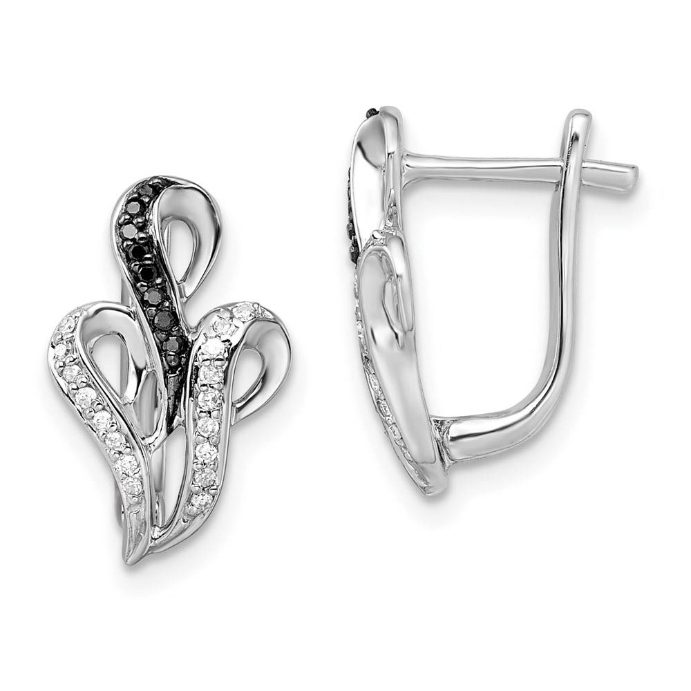 Black &amp; White Diamond Scroll Omega Back Earrings in Sterling Silver