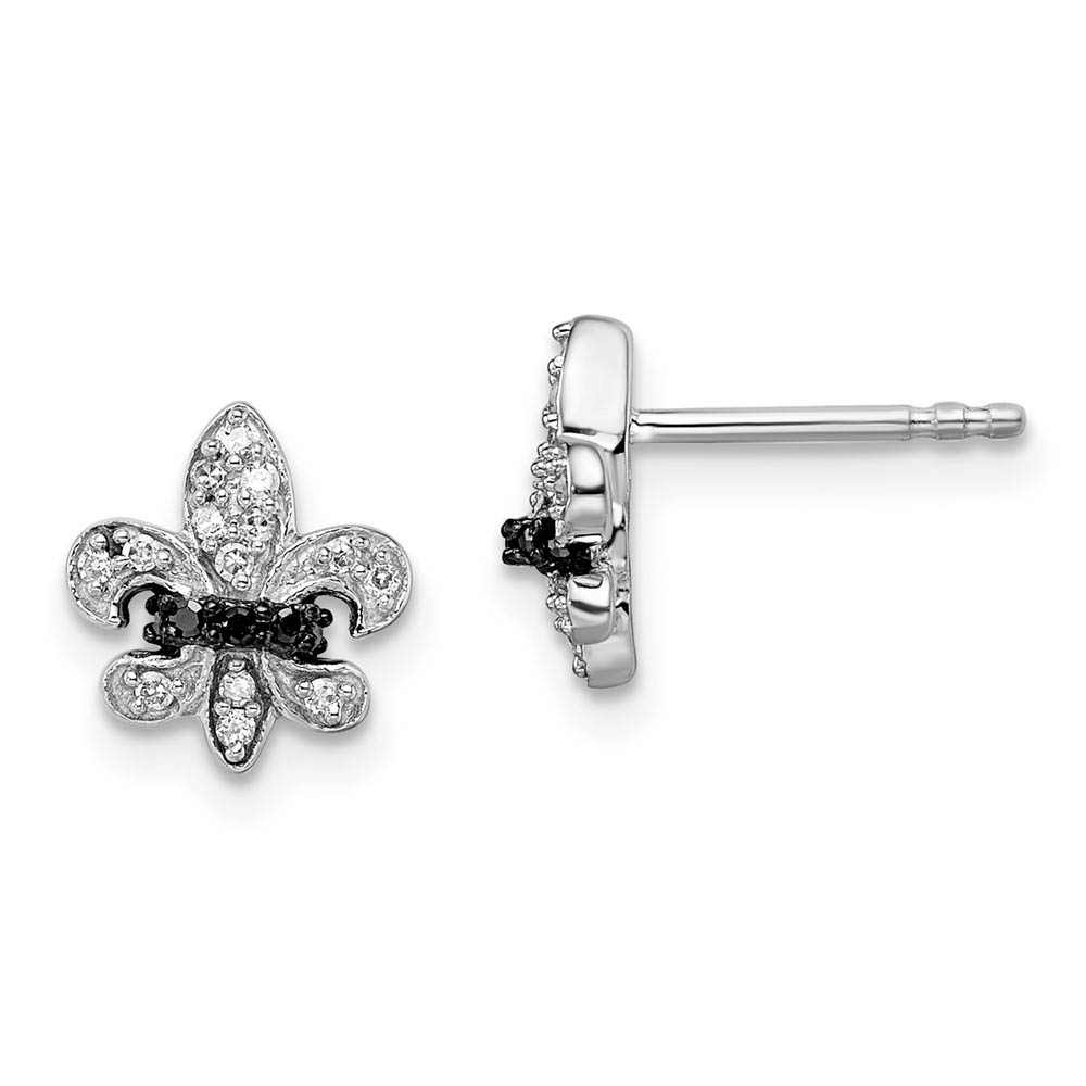 Black &amp; White Diamond 10mm Fleur De Lis Sterling Silver Post Earrings