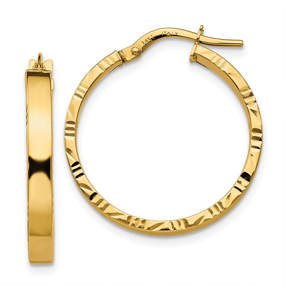 3mm x 25mm 14k Yellow Gold Polished & D/C Edge Round Hoop Earrings