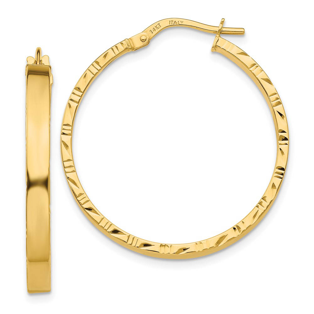 3mm x 30mm 14k Yellow Gold Polished & D/C Edge Round Hoop Earrings