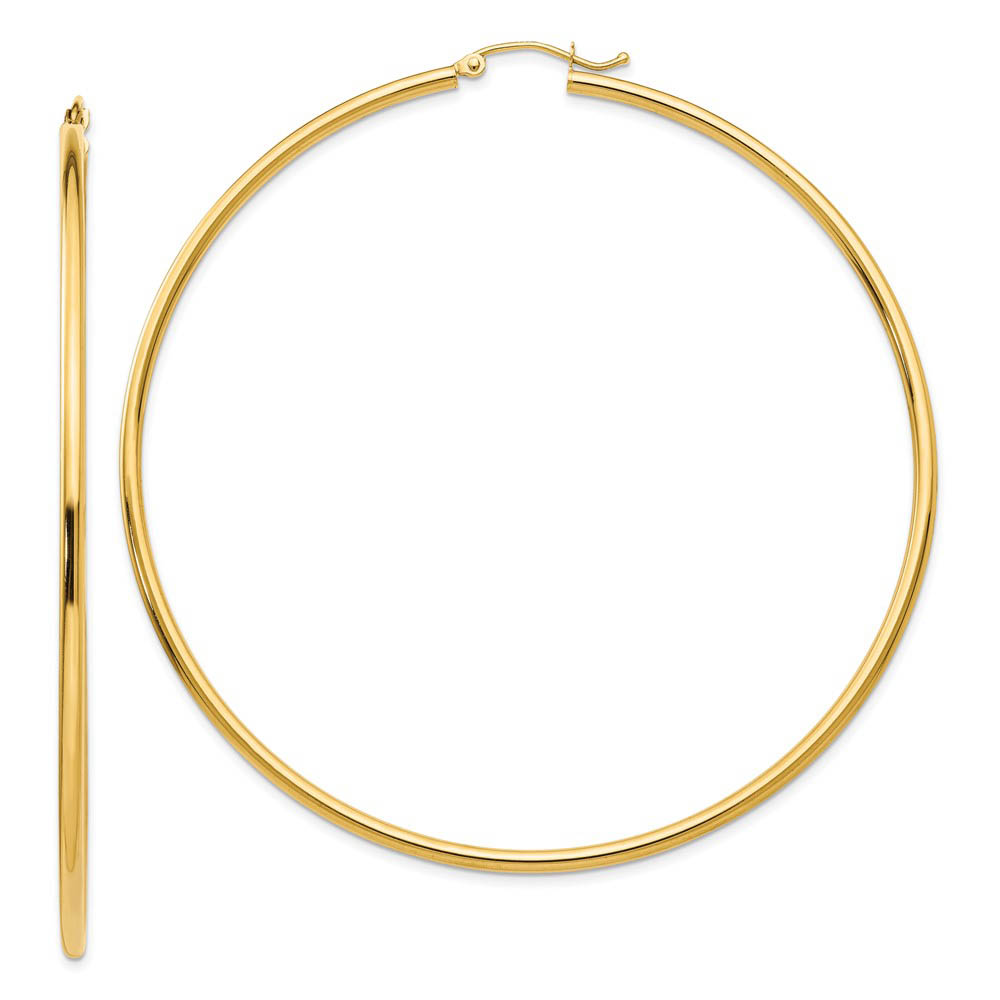 2mm x 70mm 14k Yellow Gold Polished Tube Round Hoop Earrings