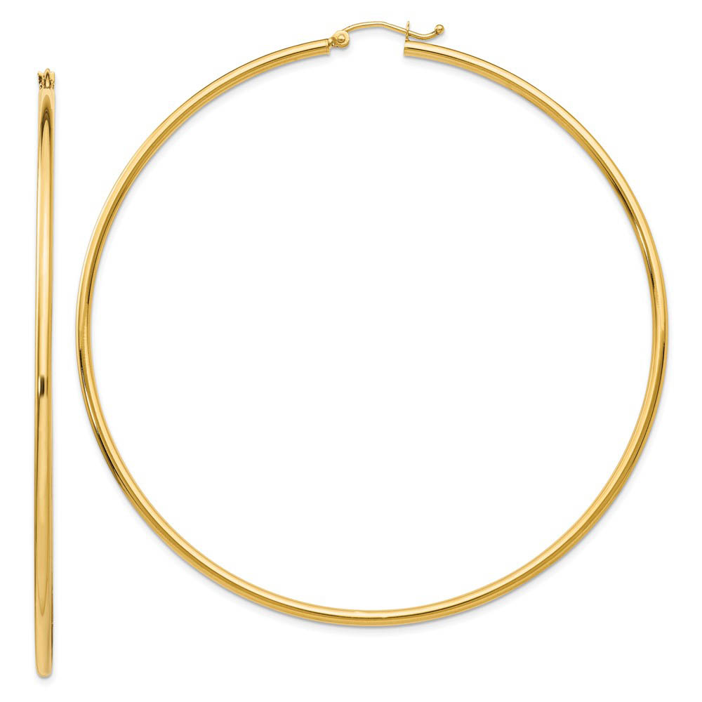 2mm x 75mm 14k Yellow Gold Polished Tube Round Hoop Earrings