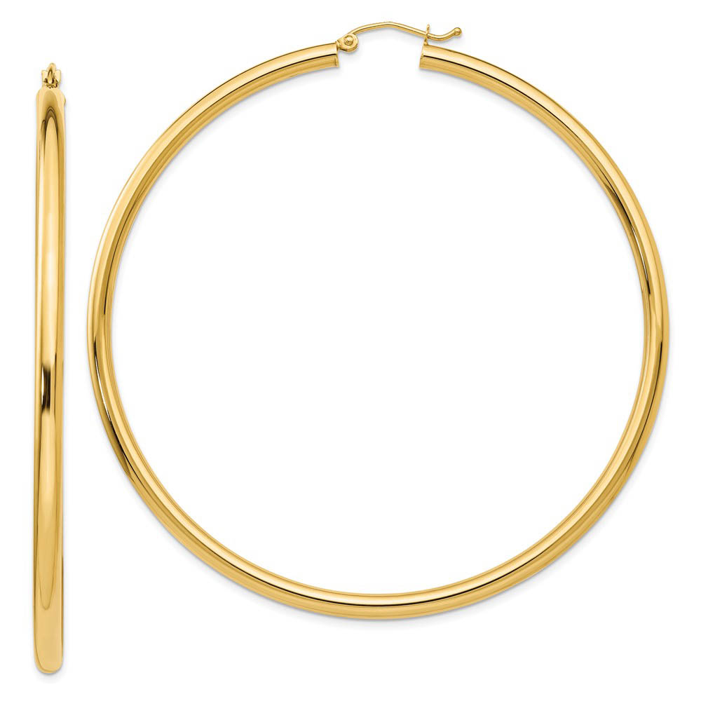 3mm x 70mm 14k Yellow Gold Polished Round Hoop Earrings