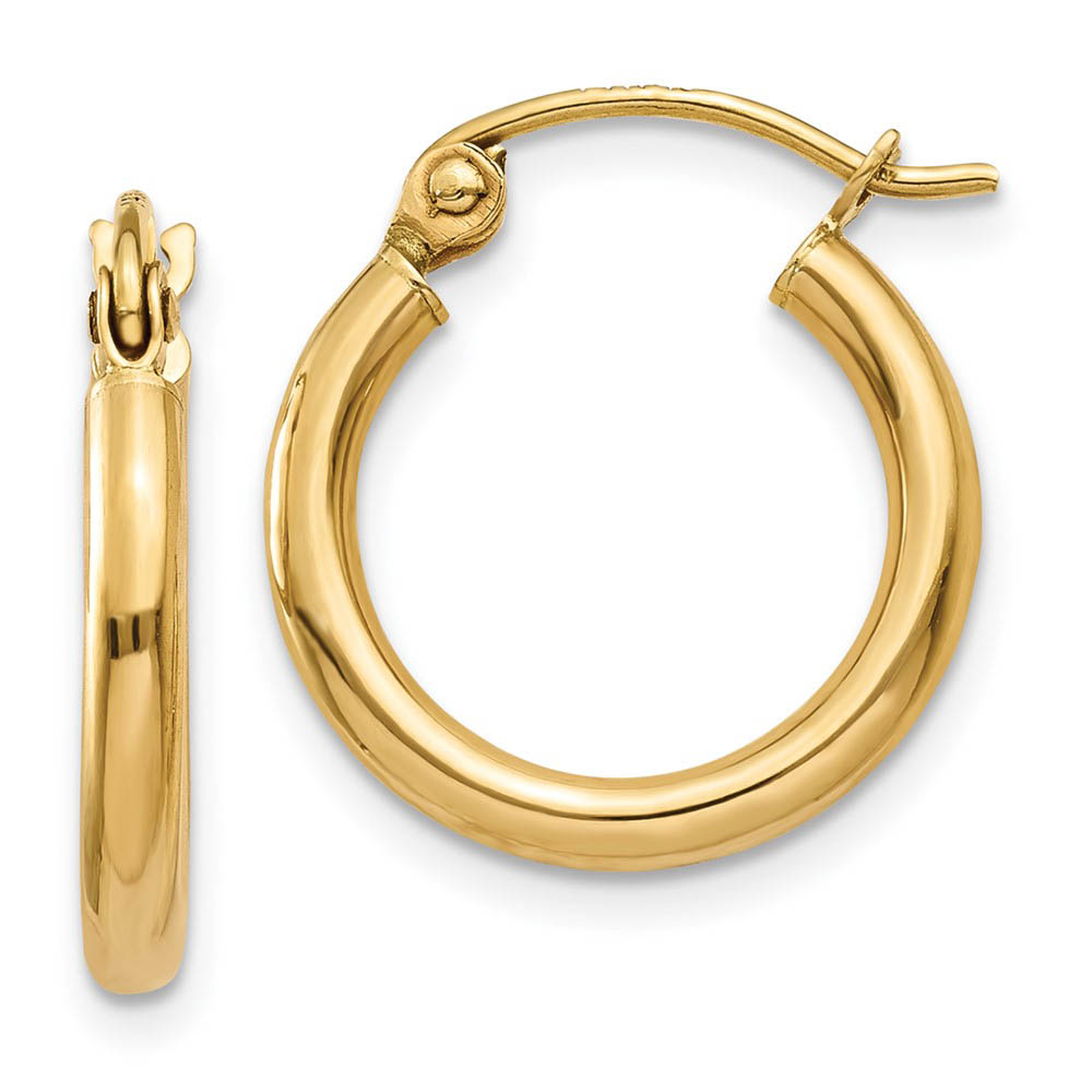 2mm x 15mm 14k Yellow Gold Classic Round Hoop Earrings