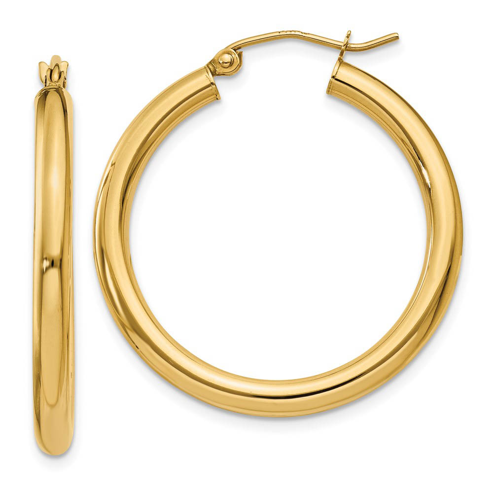 3mm x 30mm 14k Yellow Gold Classic Round Hoop Earrings
