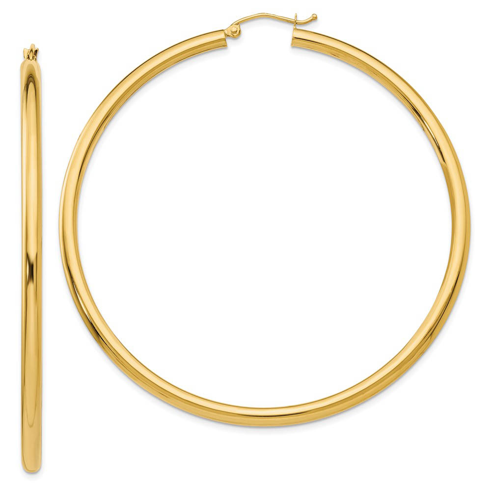 3mm x 65mm 14k Yellow Gold Classic Round Hoop Earrings
