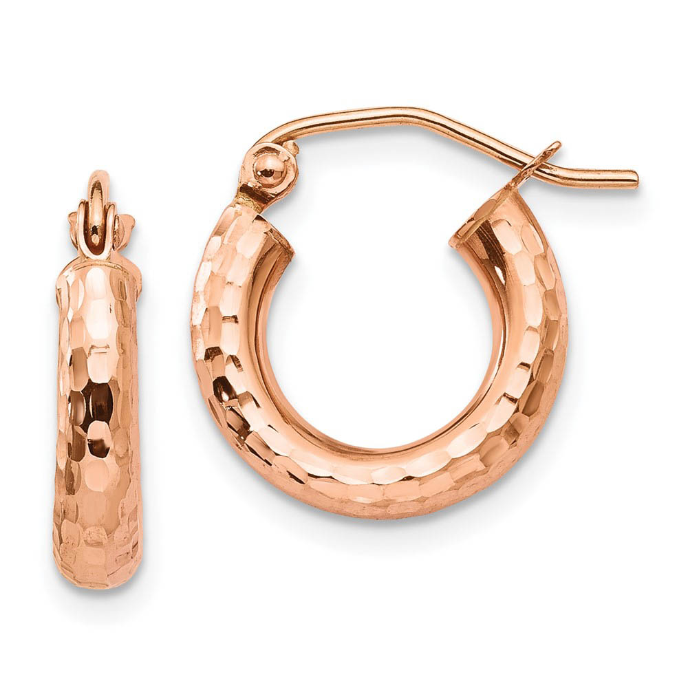 3mm x 14mm 14k Rose Gold Diamond-Cut Round Hoop Earrings
