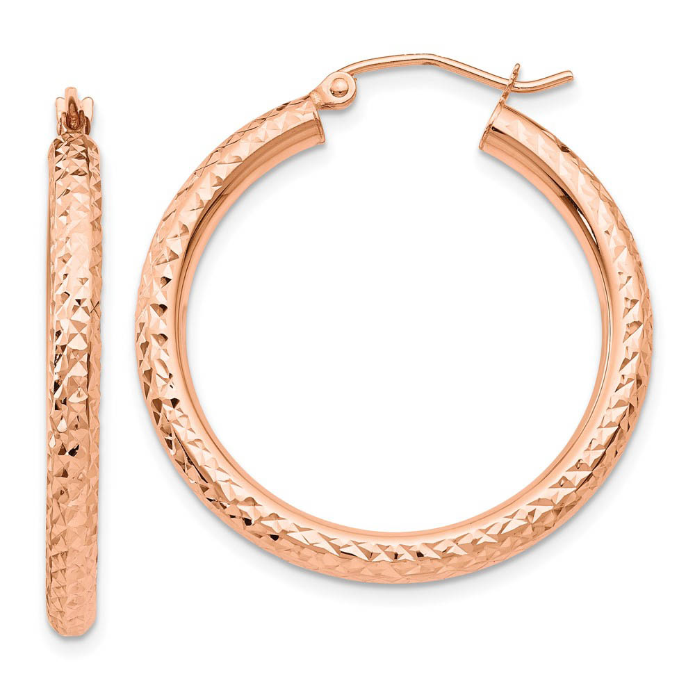 3mm x 30mm 14k Rose Gold Diamond-Cut Round Hoop Earrings
