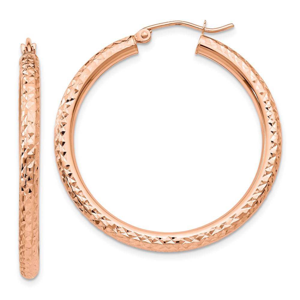 3mm x 35mm 14k Rose Gold Diamond-Cut Round Hoop Earrings