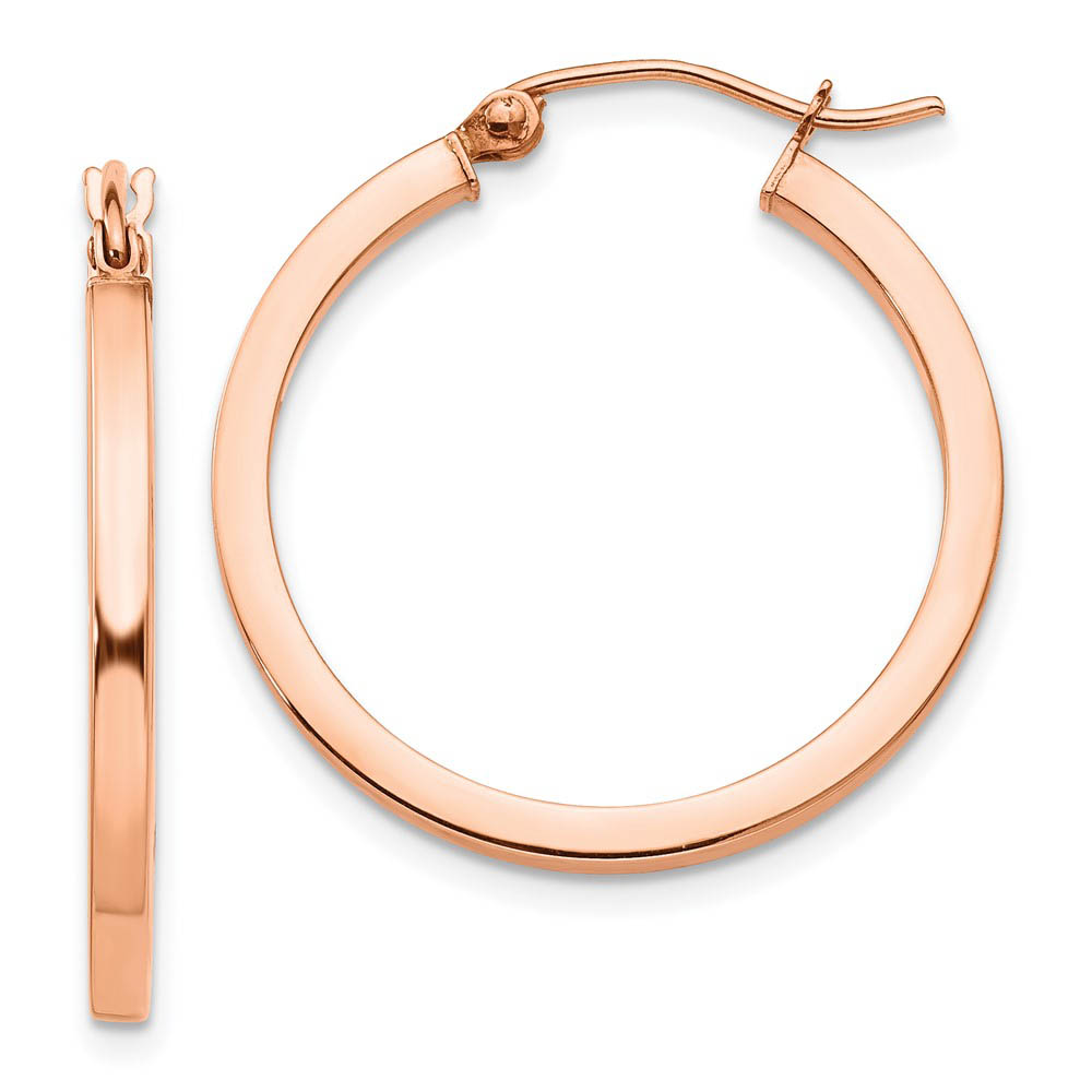 2mm x 25mm Polished 14k Rose Gold Square Tube Round Hoop Earrings