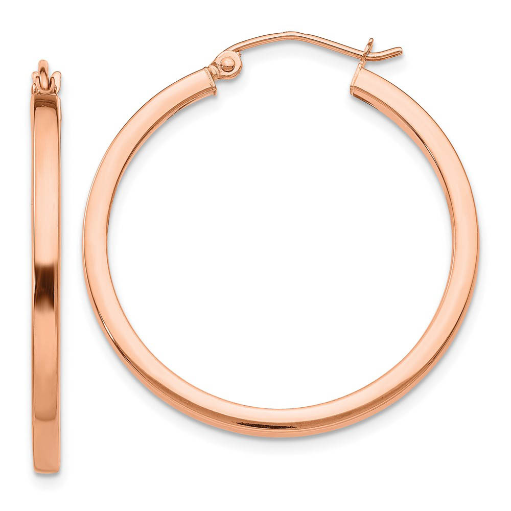 2mm x 30mm Polished 14k Rose Gold Square Tube Round Hoop Earrings