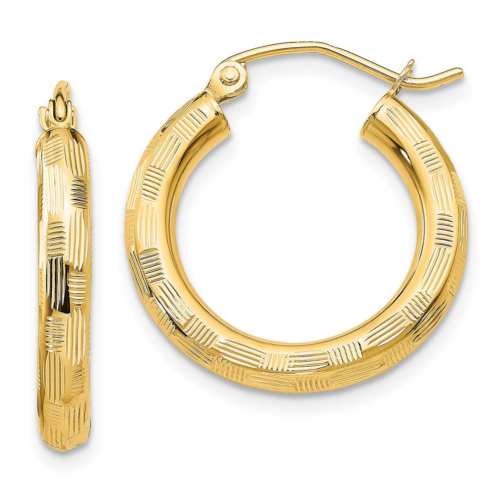 3mm x 20mm 14k Yellow Gold Textured Round Hoop Earrings