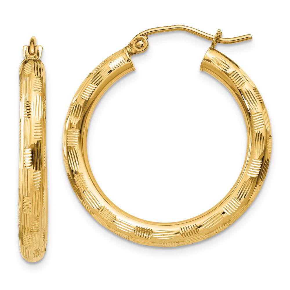 3mm x 25mm 14k Yellow Gold Textured Round Hoop Earrings