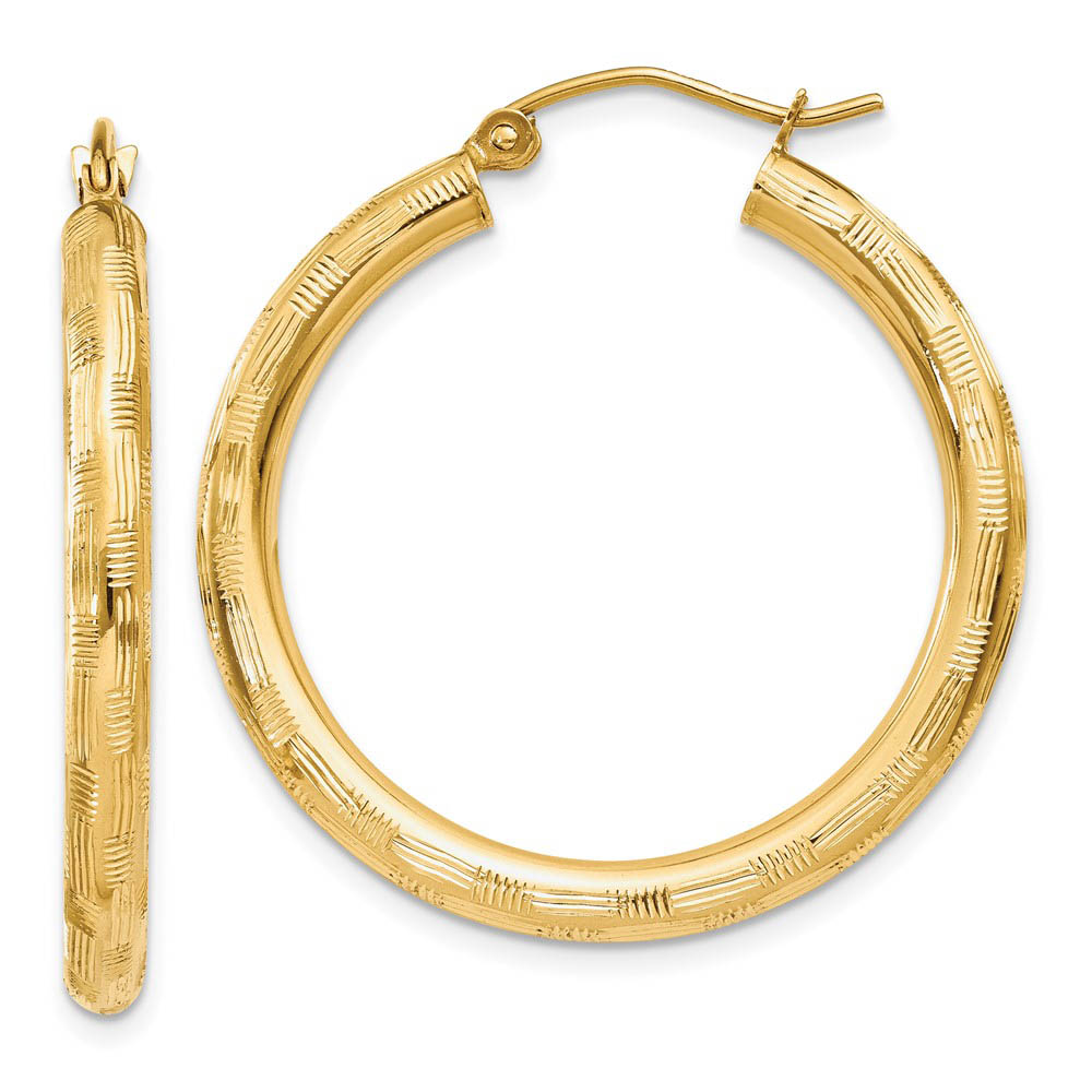 3mm x 30mm 14k Yellow Gold Textured Round Hoop Earrings