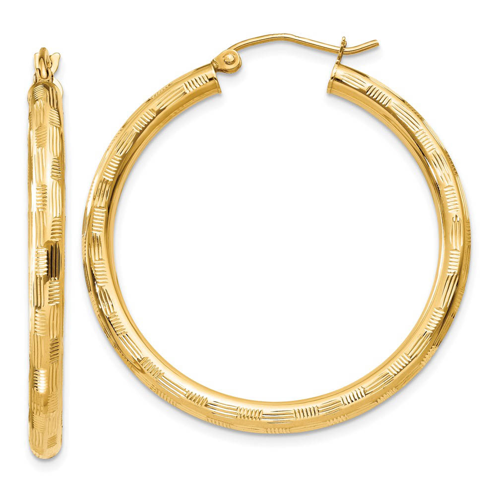 3mm x 35mm 14k Yellow Gold Textured Round Hoop Earrings