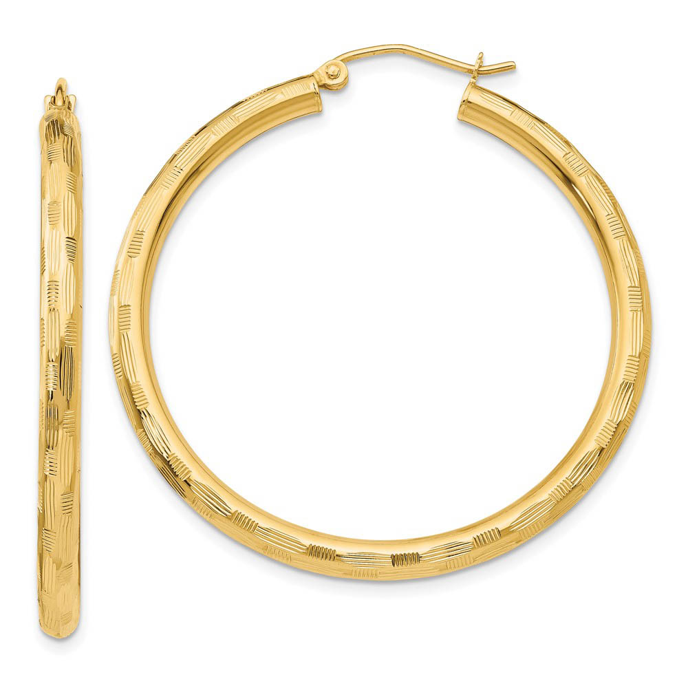 3mm x 40mm 14k Yellow Gold Textured Round Hoop Earrings