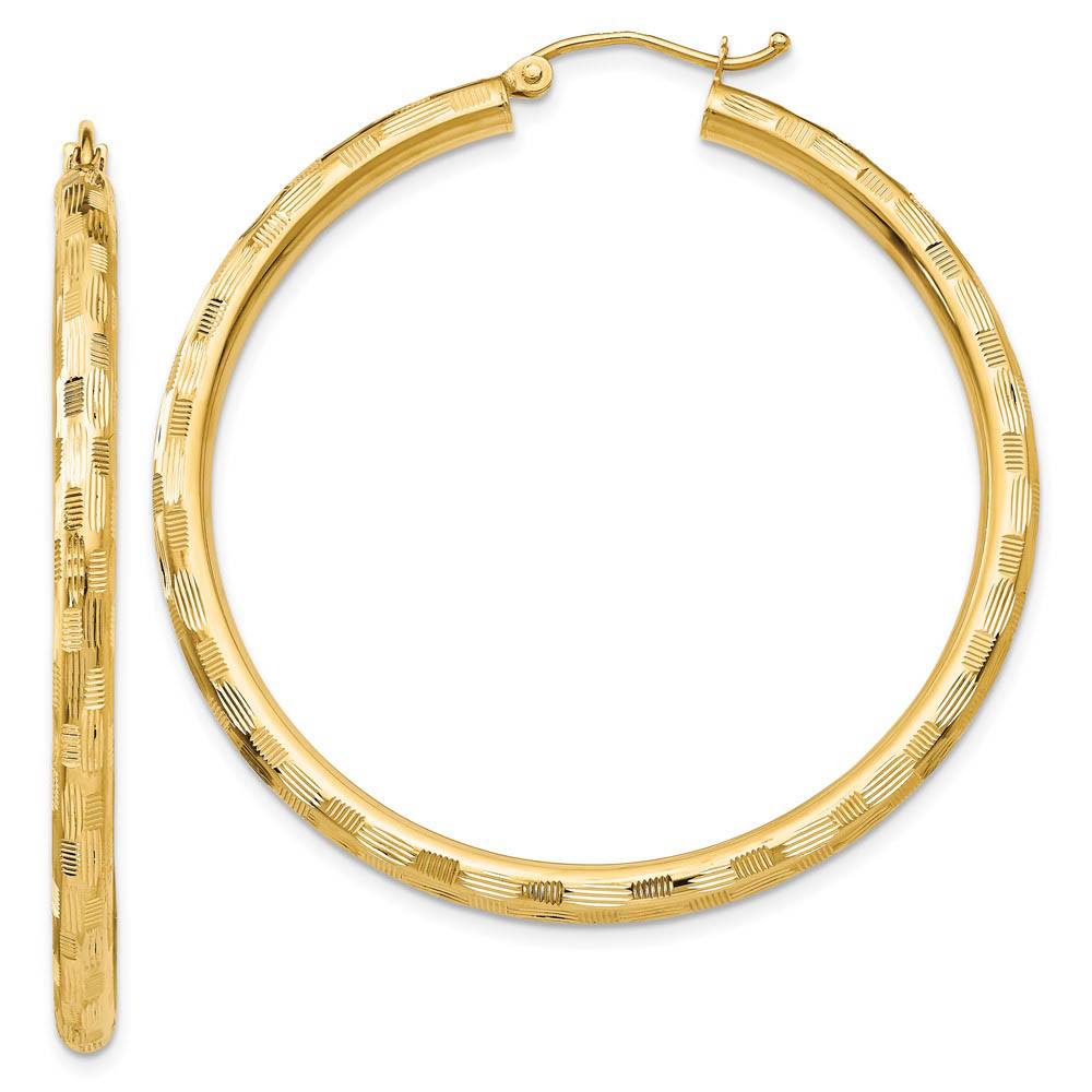 3mm x 45mm 14k Yellow Gold Textured Round Hoop Earrings