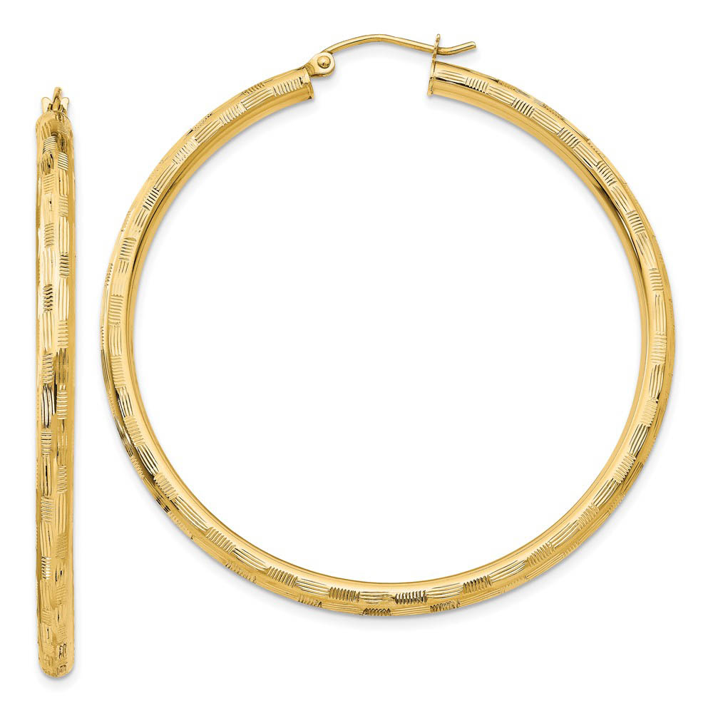 3mm x 50mm 14k Yellow Gold Textured Round Hoop Earrings