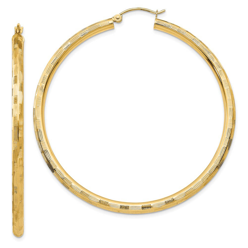 3mm x 55mm 14k Yellow Gold Textured Round Hoop Earrings