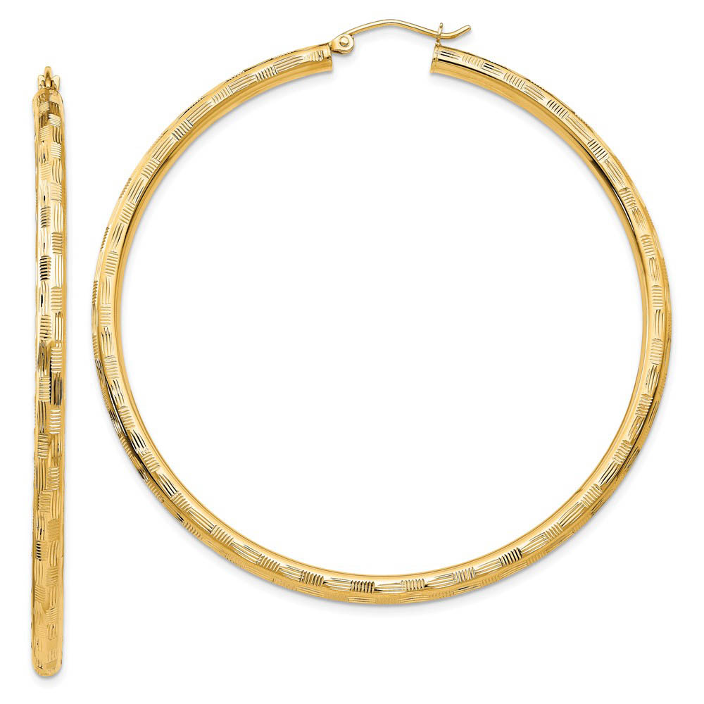 3mm x 60mm 14k Yellow Gold Textured Round Hoop Earrings