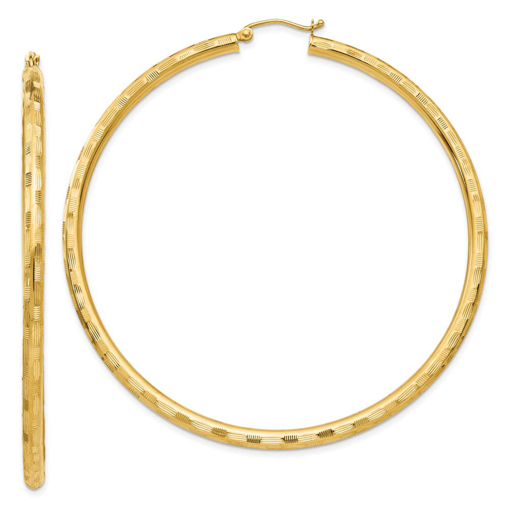 3mm x 65mm 14k Yellow Gold Textured Round Hoop Earrings