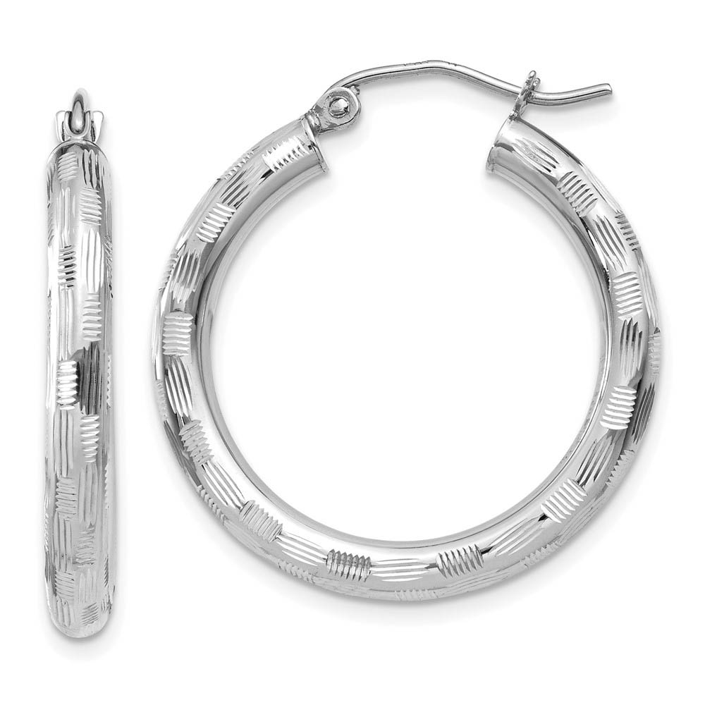 3mm x 20mm 14k White Gold Textured Round Hoop Earrings