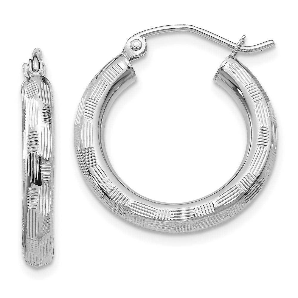 3mm x 25mm 14k White Gold Textured Round Hoop Earrings