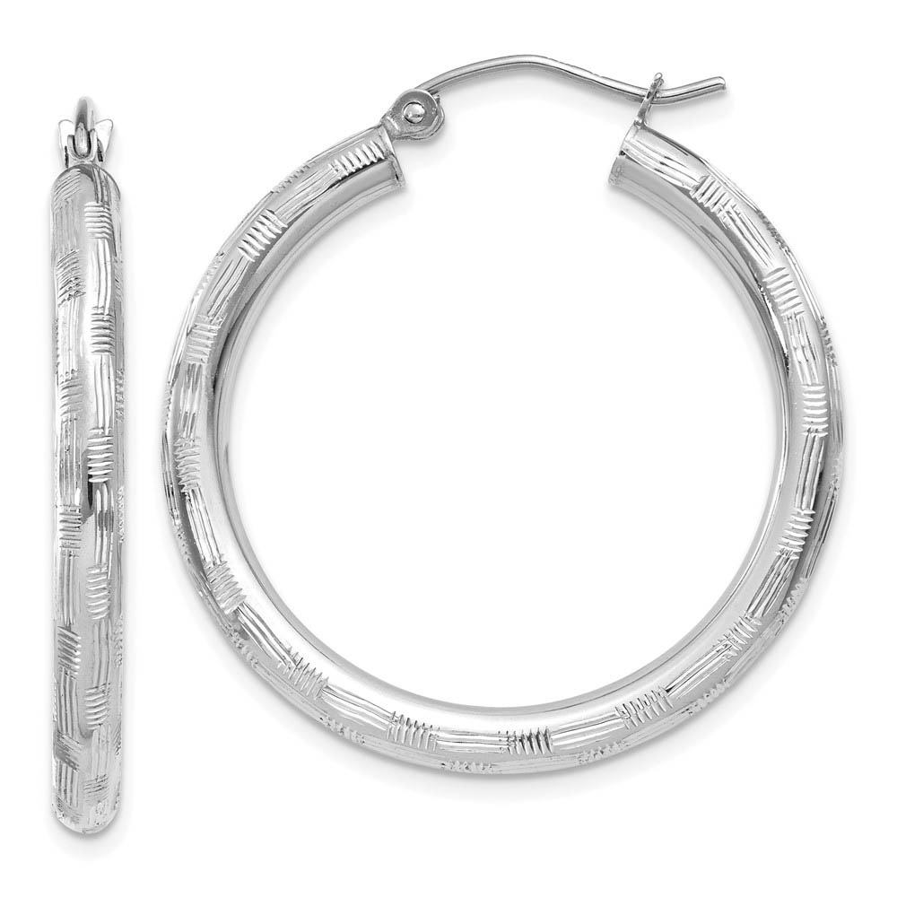 3mm x 30mm 14k White Gold Textured Round Hoop Earrings