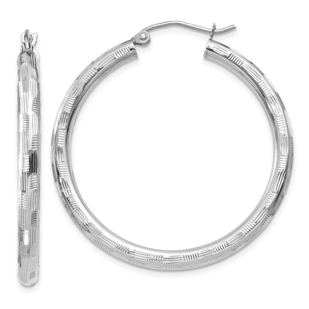 3mm x 35mm 14k White Gold Textured Round Hoop Earrings