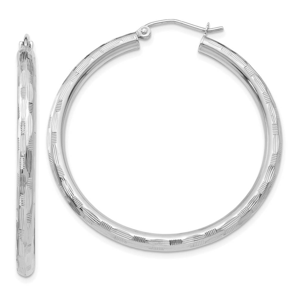 3mm x 40mm 14k White Gold Textured Round Hoop Earrings