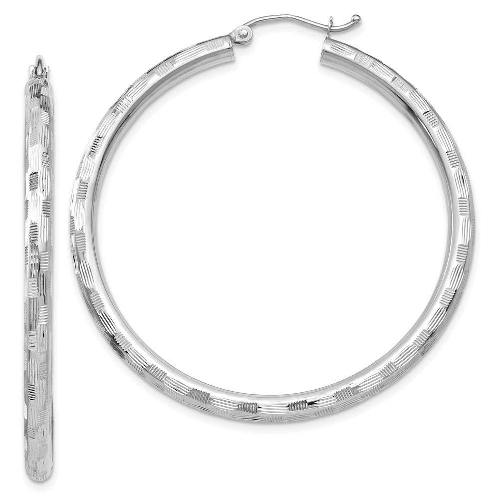 3mm x 45mm 14k White Gold Textured Round Hoop Earrings