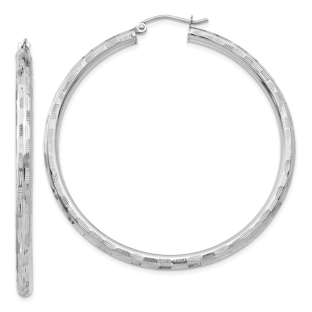 3mm x 50mm 14k White Gold Textured Round Hoop Earrings