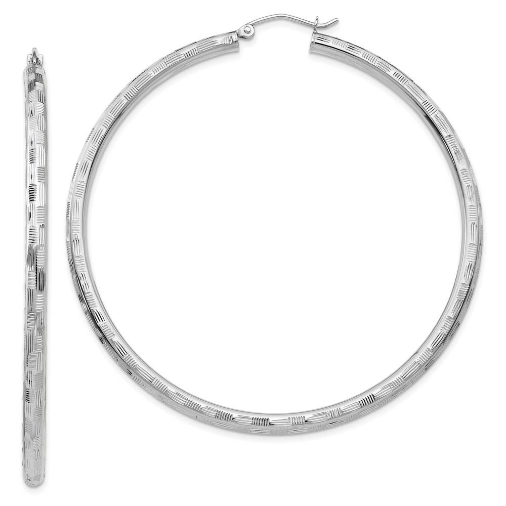 3mm x 60mm 14k White Gold Textured Round Hoop Earrings