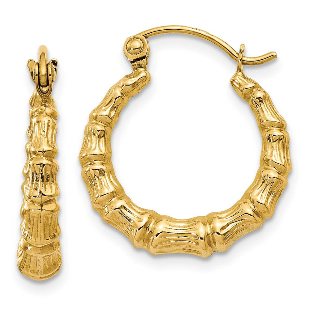 2mm x 16mm 14k Yellow Gold Hollow Bamboo Inspired Hoop Earrings