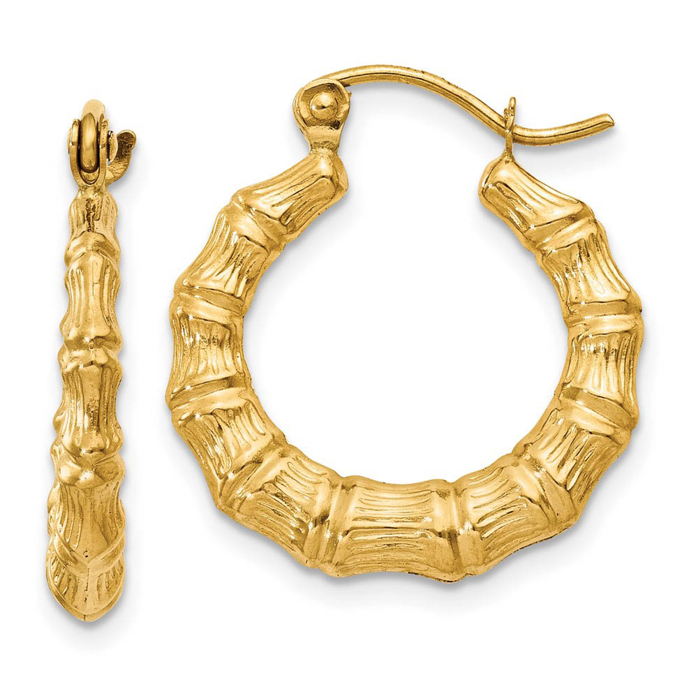 3mm x 18mm 14k Yellow Gold Hollow Bamboo Inspired Hoop Earrings