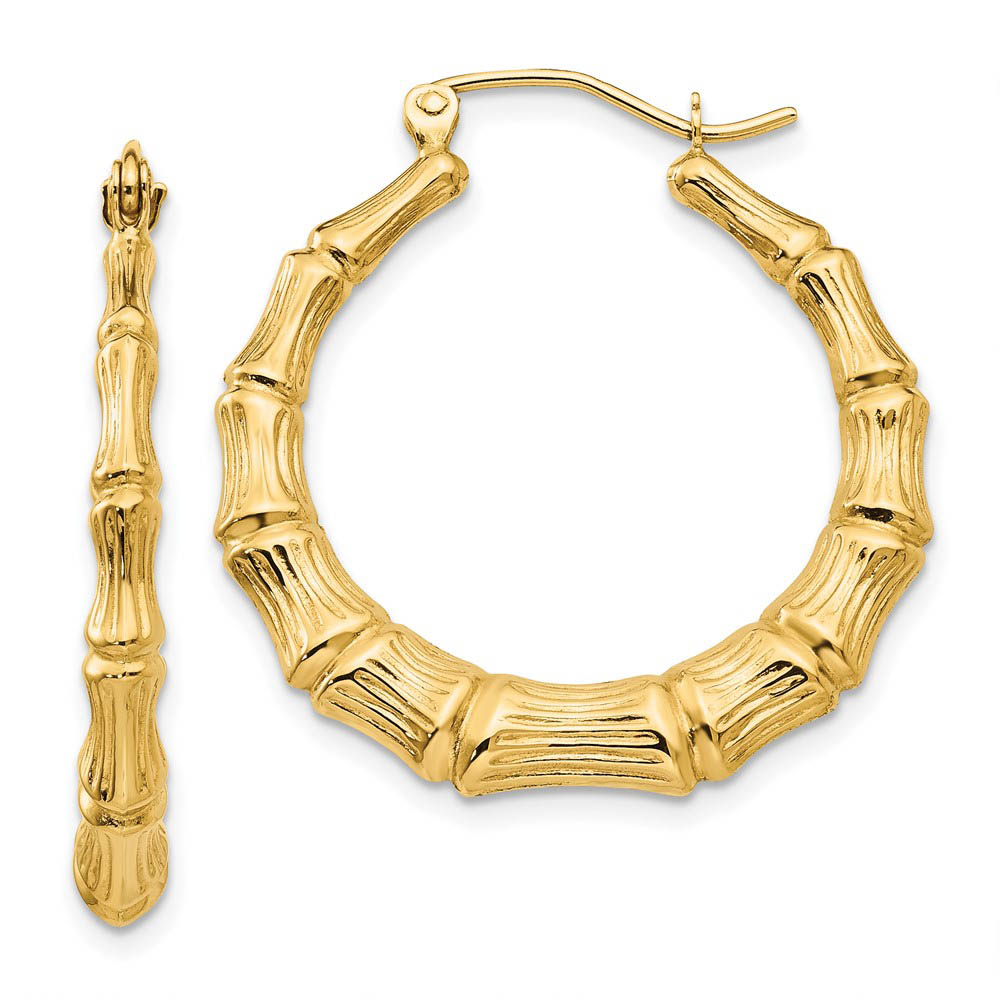 4mm x 26mm 14k Yellow Gold Hollow Bamboo Inspired Hoop Earrings