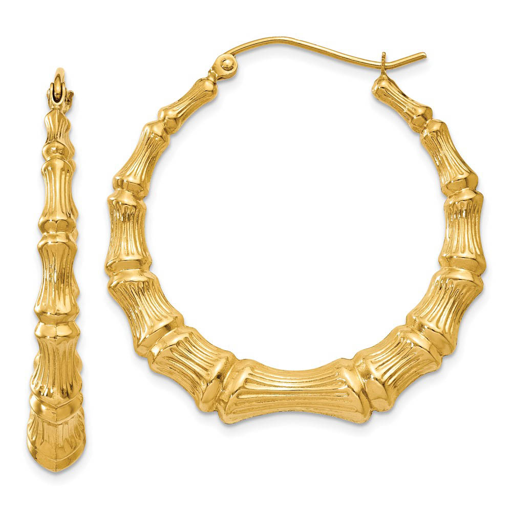 6mm x 35mm 14k Yellow Gold Hollow Bamboo Inspired Hoop Earrings