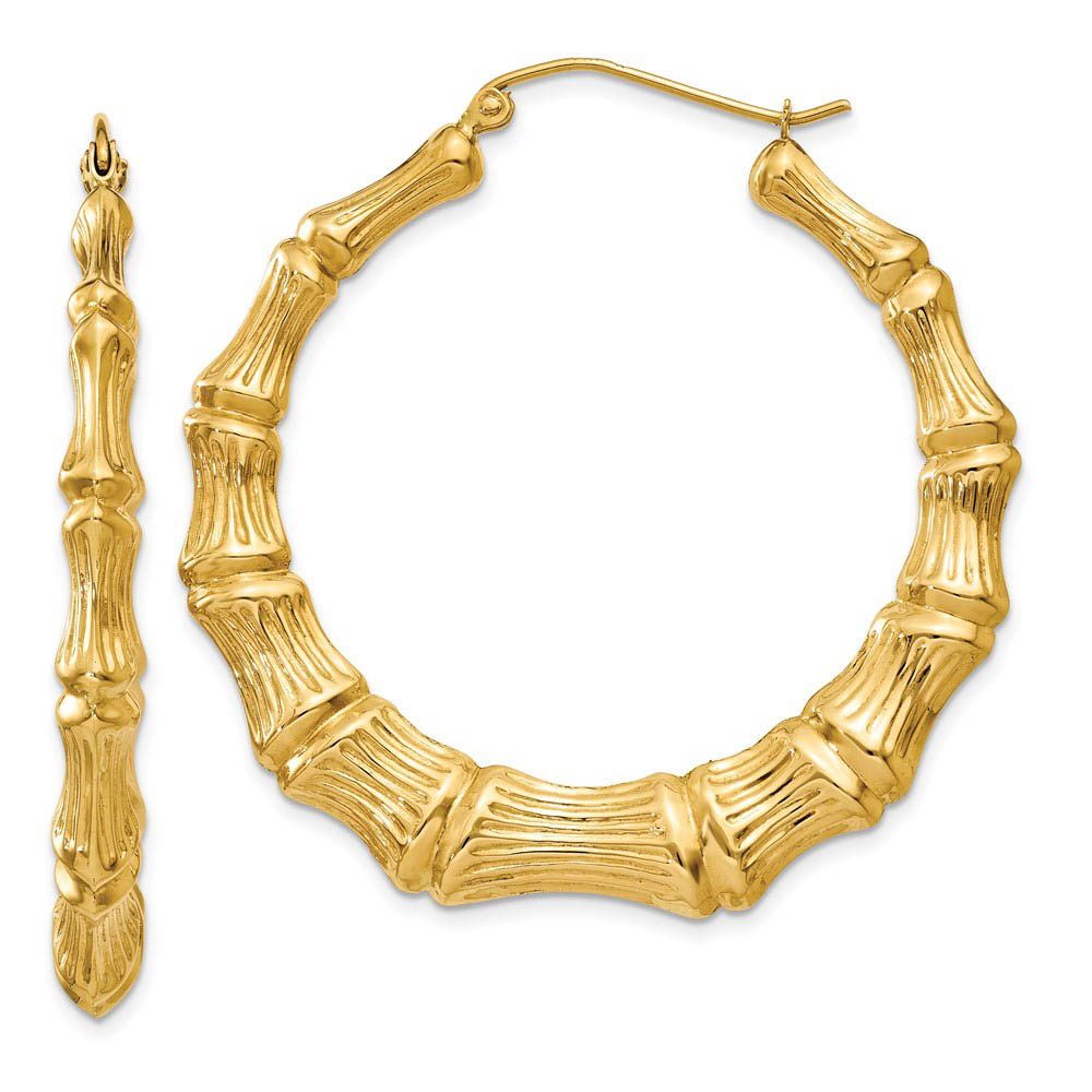 8mm x 42mm 14k Yellow Gold Hollow Bamboo Inspired Hoop Earrings