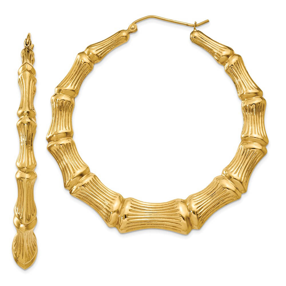 10mm x 55mm 14k Yellow Gold Hollow Bamboo Inspired Hoop Earrings