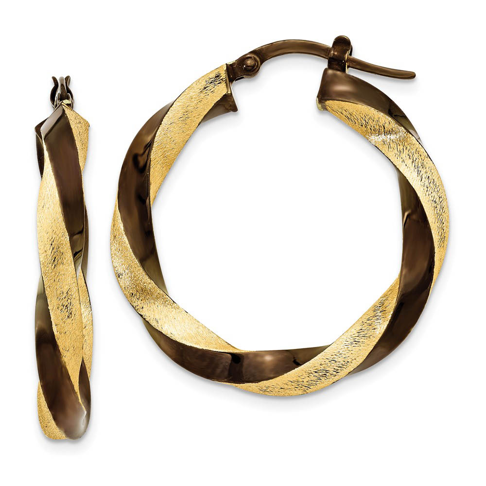 28mm 14k Yellow Gold & Brown Rhodium Twisted Round Hoop Earrings