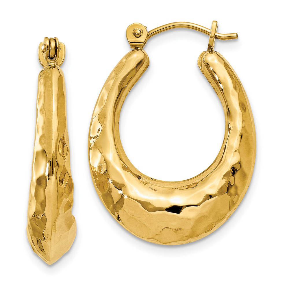 6mm x 23mm Hammered Puffed Oval Hoops in 14k Yellow Gold
