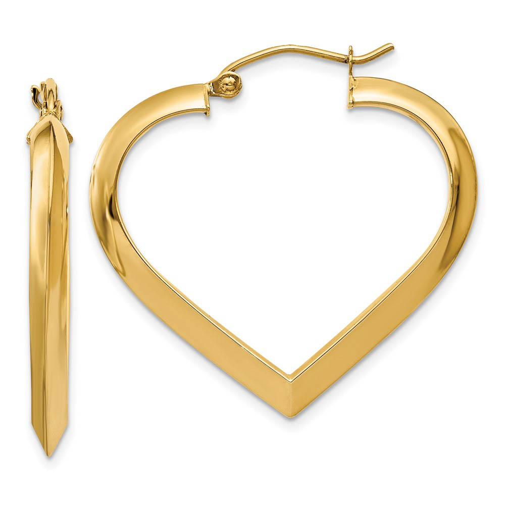 3mm x 28mm Polished 14k Yellow Gold Knife Edge Heart Hoop Earrings
