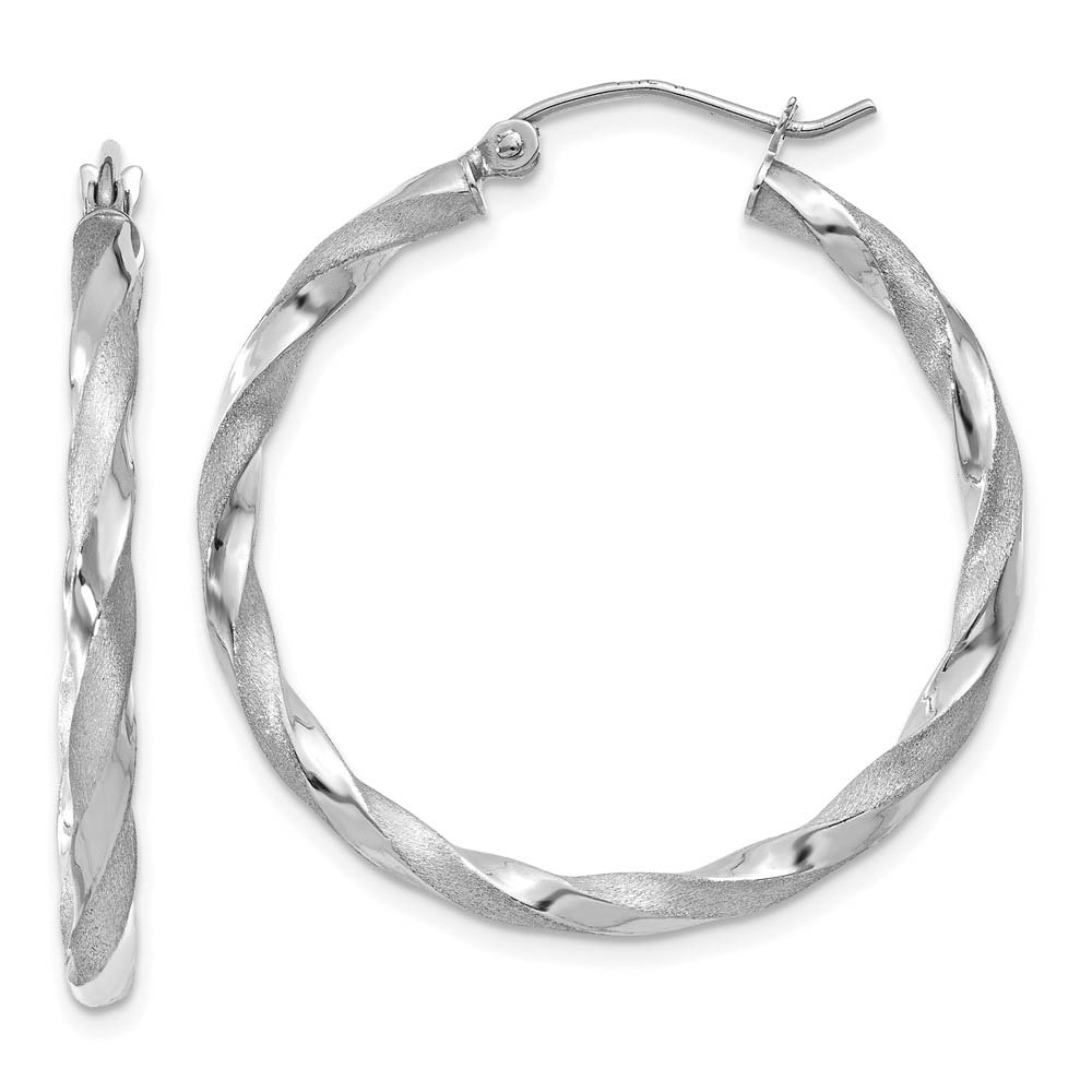 14k White Gold Polished & Satin Twisted Round Hoop Earrings, 32mm