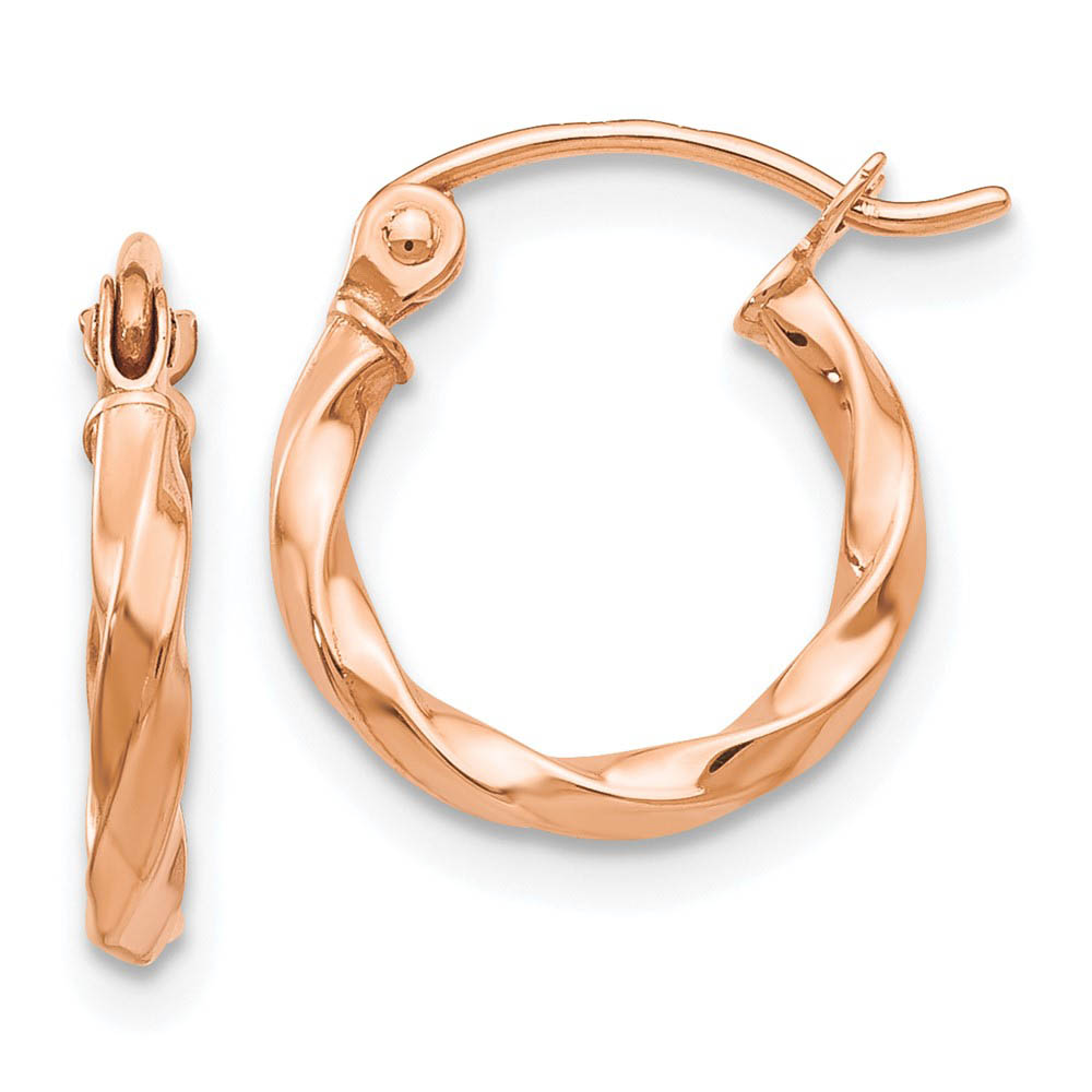 2mm x 13mm 14k Rose Gold Twisted Round Hoop Earrings