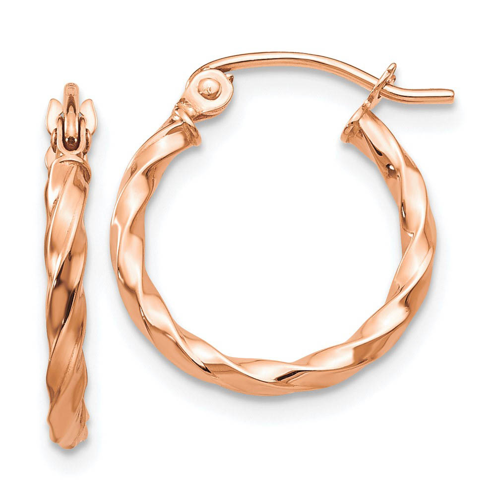 2mm x 15mm 14k Rose Gold Twisted Round Hoop Earrings