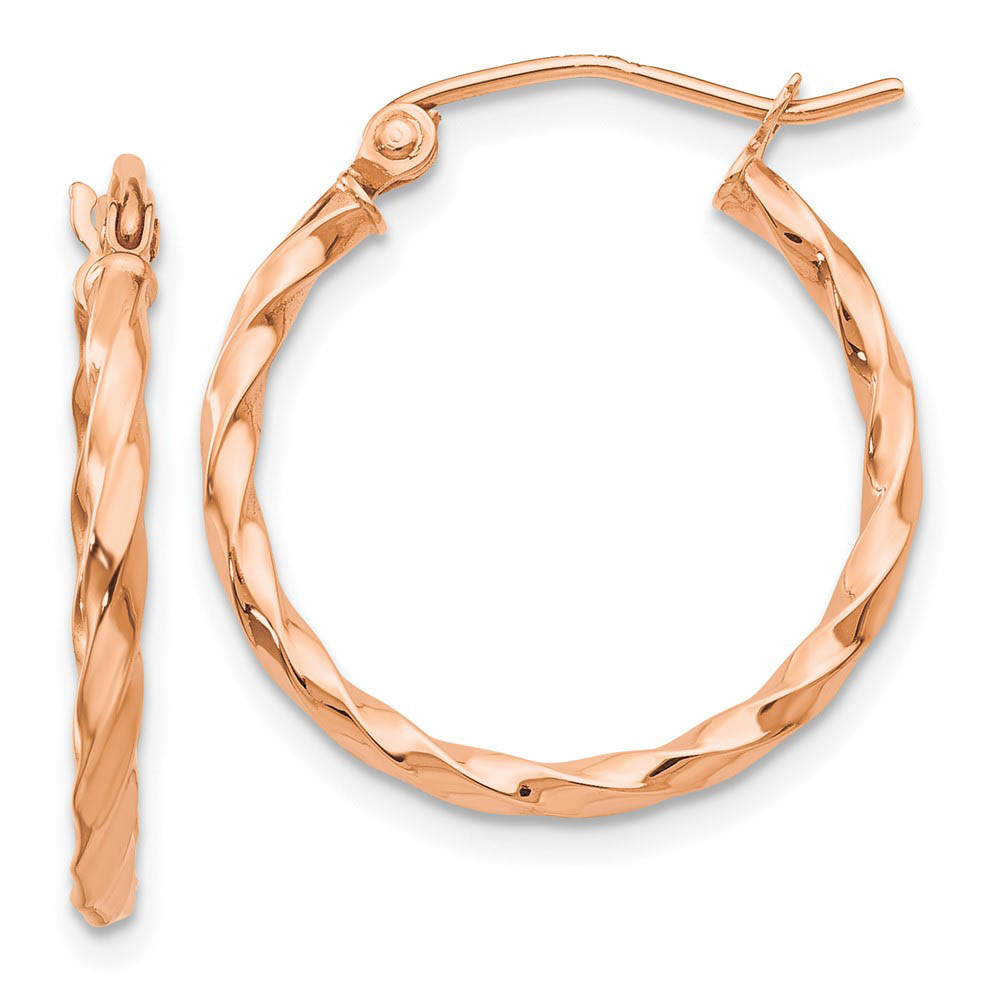 2mm x 20mm 14k Rose Gold Twisted Round Hoop Earrings
