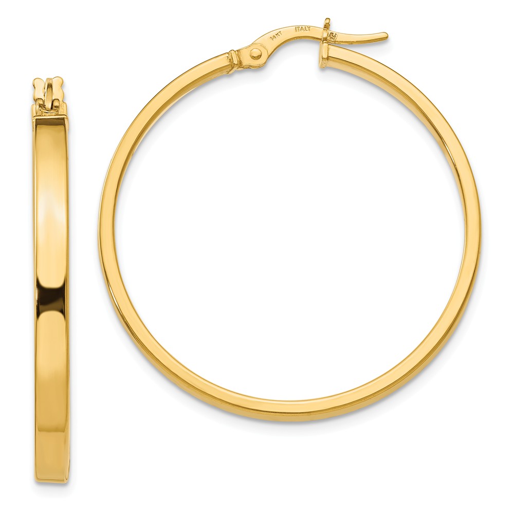 3mm x 34mm(1 5/16 Inch) Polished 14k Yellow Gold Flat Edge Round Hoops